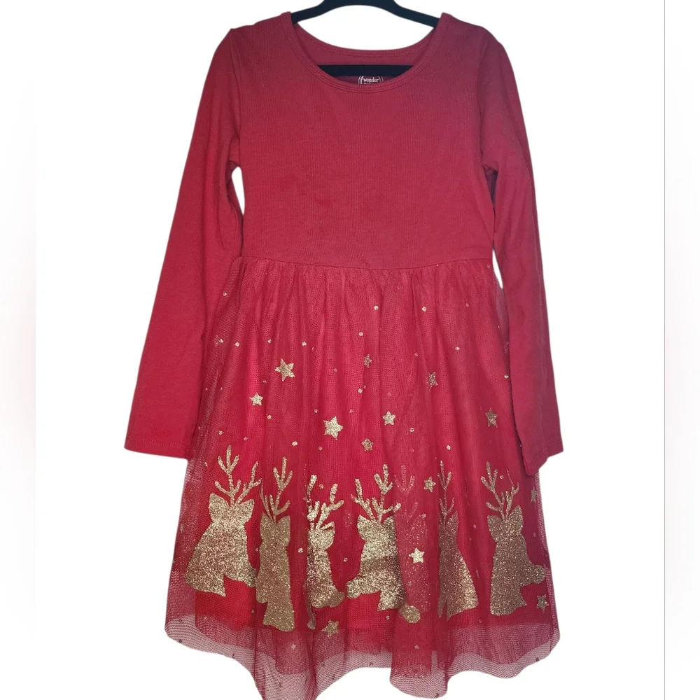 Christmas Red and Gold‎ Kids Dress Reindeer Stars Tulle Skirt XS 4-5